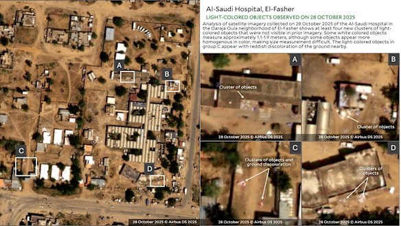 A satellite image of El Fasher’s Saudi Hospital taken on October 28, 2025, show objects and discolouration on the ground.