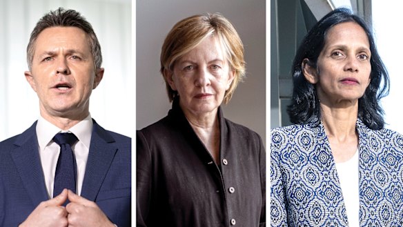 Education Minister Jason Clare,  former University of Adelaide vice-chancellor Mary O’Kane and Macquarie Group chief executive Shemara Wikramanayake.