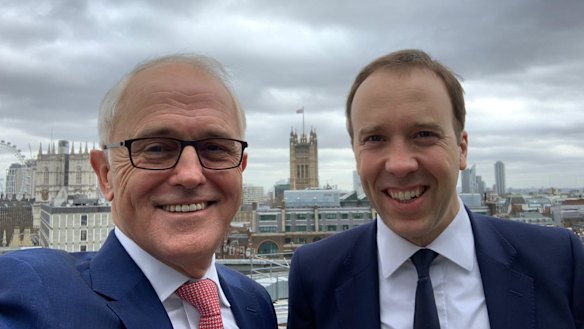Former prime minister Malcolm Turnbull with Tory leadership contender Matt Hancock. 