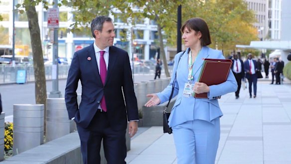 Treasurer Jim Chalmers with Britain’s Chancellor of the Exchequer Rachel Reeves on the sidelines of this week’s IMF meetings in Washington.