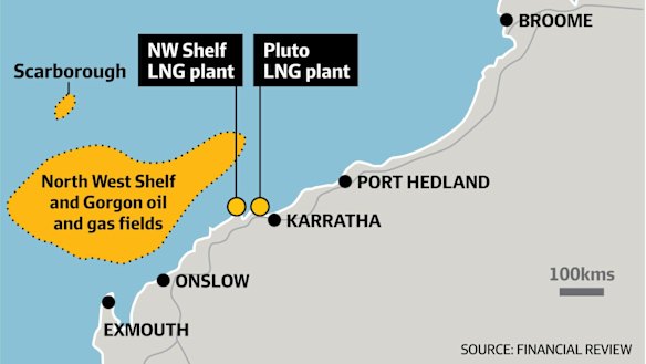 The locations of the Scarborough gas field and Pluto plant. 