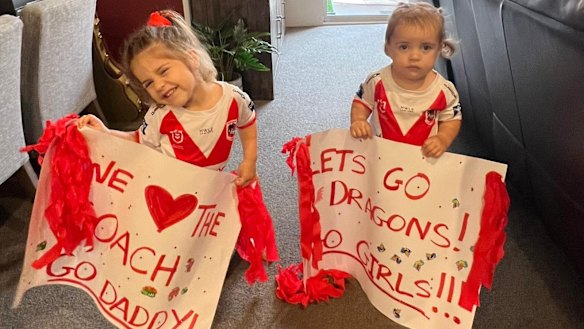 Soward’s daughters Indiana and Ivy after last Sunday’s Dragons NRLW preliminary final victory.