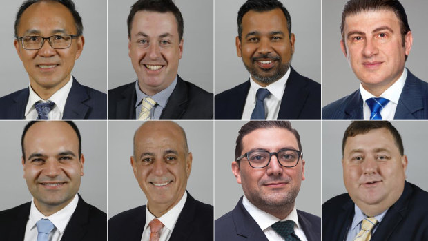 The City of Parramatta councillors who voted for Mark Stapleton. Top, from left to right: Paul Han, Andrew Jefferies, Sameer Pandey, Benjamin Barrak. Bottom, left to right: Martin Zaiter, Pierre Esber, Steven Issa, Bill Tyrrell. 