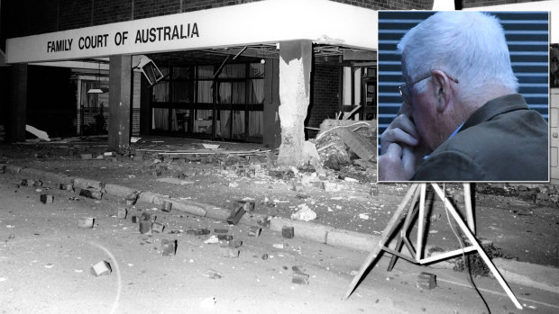 The Family Law Court bombing in Parramatta in 1984, and inset, Leonard John Warwick in 2018. 