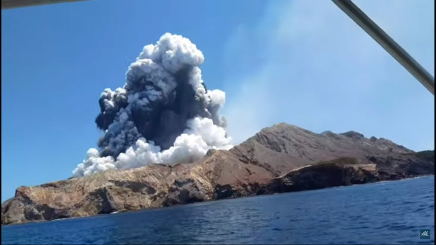 The White Island volcano disaster, as captured on a video shot by tourist Allessandro Kauffmann, who was by now safely on a boat.
