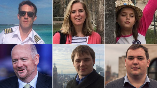 The Sydney Seaplane crash into Jerusalem Bay claimed the lives of  (top row) pilot Gareth Morgan, Emma Bowden, her daughter Heather, (bottom row) British chief executive Richard Cousins and his sons Edward and William.