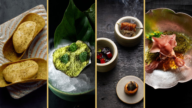 Three-hat worthy dishes at (from left) Amaru; Vue de Monde; Brae and Minamishima.