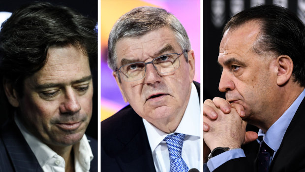 Tough decisions: AFL CEO Gillon McLachlan, IOC president Thomas Bach and ALRC chairman Peter V'Landys.