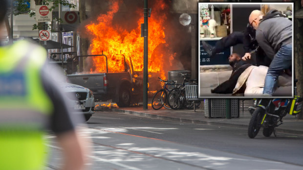 The ute bursting into flames on Bourke Street. (Inset: police tackle Shire Ali.)