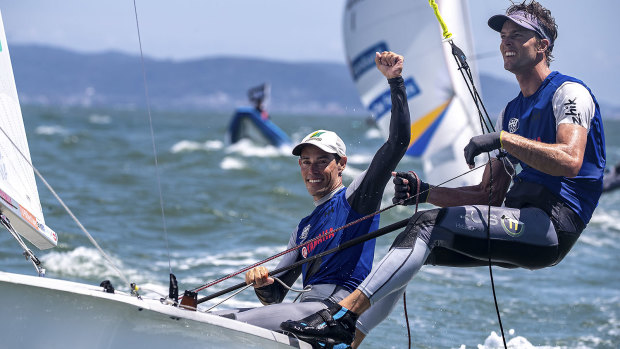 Mat Belcher, left, and Will Ryan backed up their world championship success with victory in the Tokyo 2020 test event.