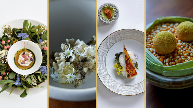 Three-hat worthy dishes at (from left) Oncore by Clare Smyth; Quay; Saint Peter and Sixpenny.