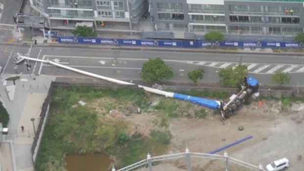 An aerial view of the crane capsize at the intersection of Longland Street and Doggett Street.