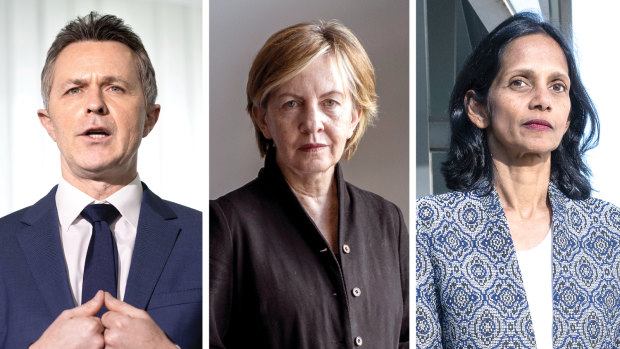 Education Minister Jason Clare,  former University of Adelaide vice-chancellor Mary O’Kane and Macquarie Group chief executive Shemara Wikramanayake.