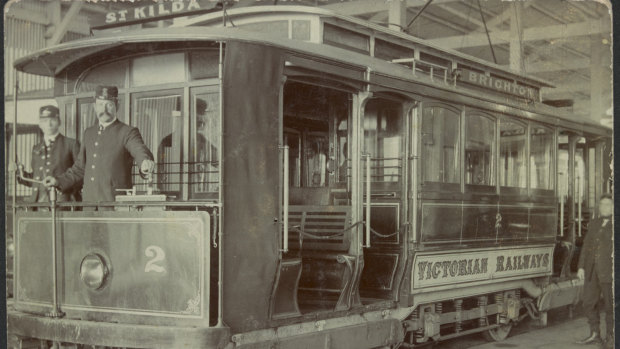 One of the new electric trams in the Elwood tram shed, circa 1906.
