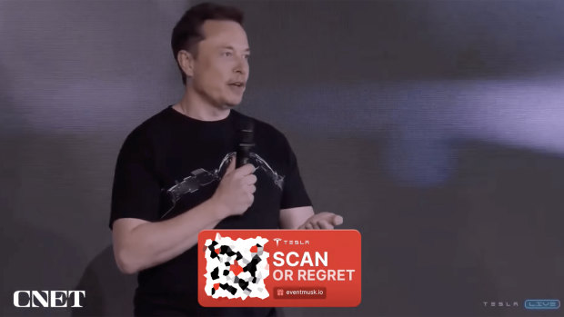 A screengrab from a live video on the 7News YouTube channel showing an AI-generated Elon Musk.