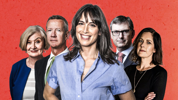 The Morning Edition host Samantha Selinger-Morris (centre) with Kate McClymont, Peter Hartcher, David Crowe and Jacqueline Maley.