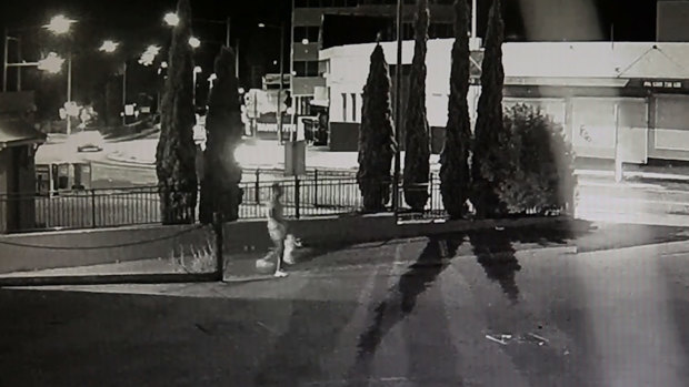 CCTV vision shows the man changed into a light coloured T-shirt and shorts, before calmly walking from the scene, carrying a plastic bag. 