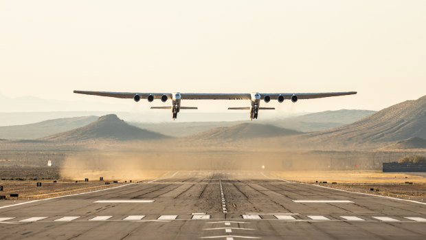 The Stratolaunch aircraft completes its first flight in the Mojave Desert.