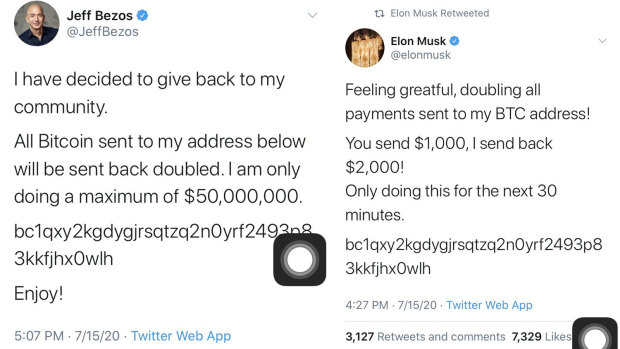 The hackers' tweets from the accounts of Jeff Bezos and Elon Musk. 