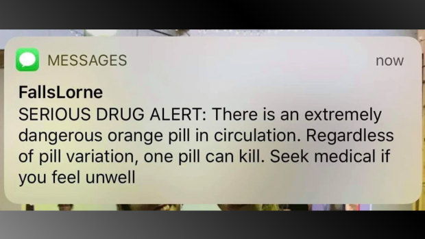 The text message alert received by patrons at Lorne Falls Festival on Sunday.