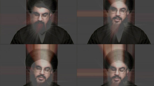 A still from Sabsabi’s video installation You (2007), showing then-Hezbollah leader Hassan Nasrallah.