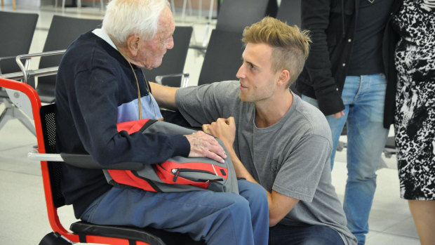 Professor Goodall farewells his grandson at Perth Airport last week.