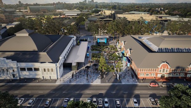 An artist's impression of what the revamped Hordern Pavilion and Royal Hall of Industries sports and entertainment precinct.