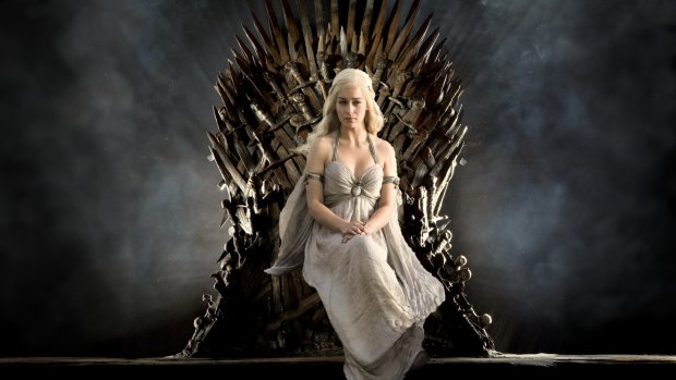 Daenerys Targaryen (Emilia Clarke) sits on the Iron Throne from Game of Thrones.