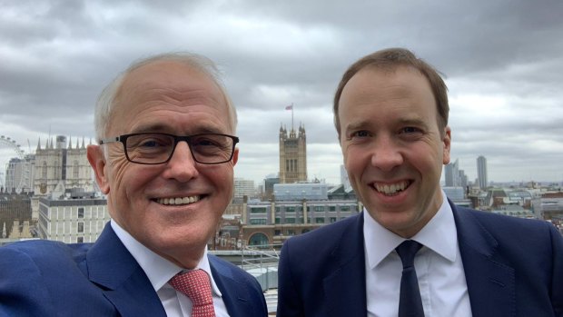 Former prime minister Malcolm Turnbull with Tory leadership contender Matt Hancock. 