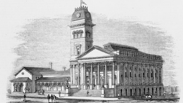A wood engraving of the Fitzroy Town Hall made in 1874.