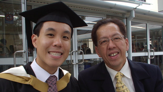 Alpha Cheng with his father Curtis  Cheng, who was shot outside of police headquarters in Parramatta. 
