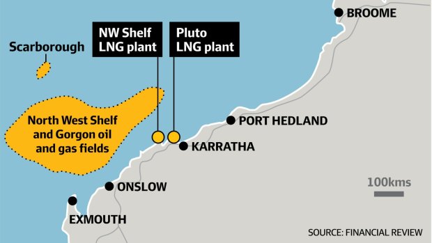 The locations of the Scarborough gas field and Pluto plant. 