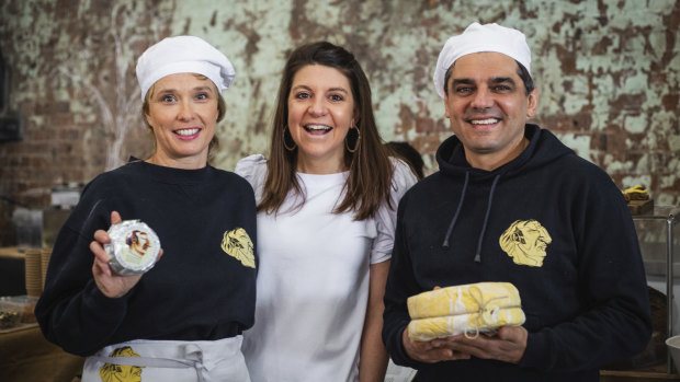 Melissa Altman, Leigh O'Neill and Pierre Issa (Pepe) at the Carriageworks market. 