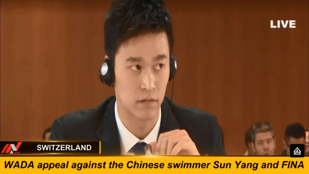 Chinese swimmer Sun Yang appears at the hearing in Montreux, Switzerland.
