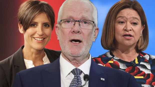 Wordsmith: Justin Milne (centre) wanted Michelle Guthrie (right) to sack Emma Alberici (left), so he suggested she explore "external career development opportunities".