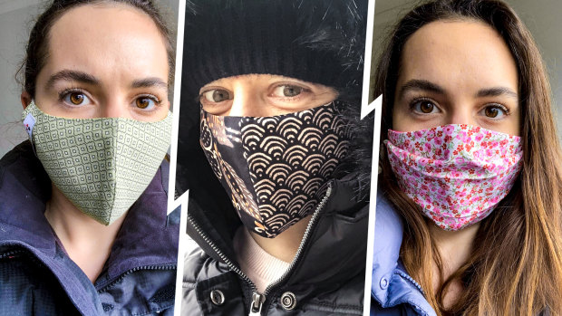 Sophie and Melissa try cloth masks by SisterWorks, Banded Together and Ford Millinery (left to right).