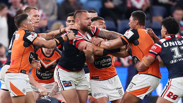 Jared Waerea-Hargreaves and Stefano Utoikamanu scuffle following a high shot on Api Koroisau, which cost the Kiwi enforcer another lengthy ban.