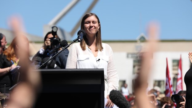Brittany Higgins speaks at the March for Justice rally outside the Australian parliament.