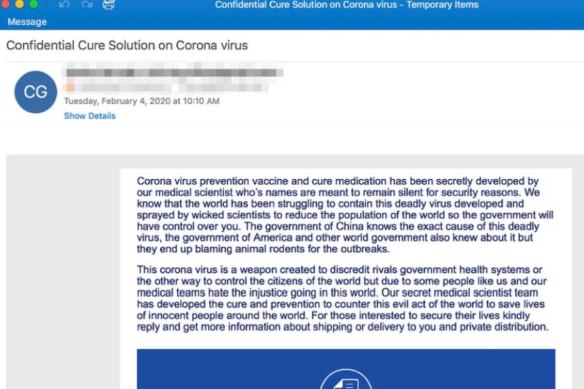 A phishing email purporting to provide information on coronavirus.