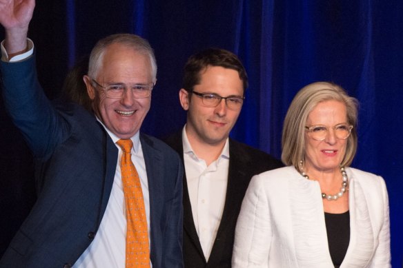 Then-prime minister Malcolm Turnbull on election night 2016 with his wife Lucy and son Alex.