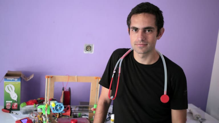 Dr Tarek Loubani, with one of his 3D-printed stethoscopes.