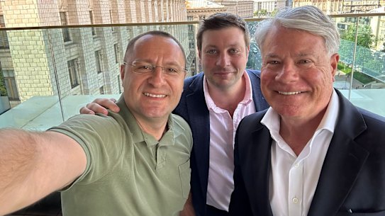 Ukrainian ambassador to Australia Vasyl Myroshnychenko with former Victorian MP Tim Smith and one-time Australian consul-general to New York Alastair Walton in Kyiv on Tuesday.