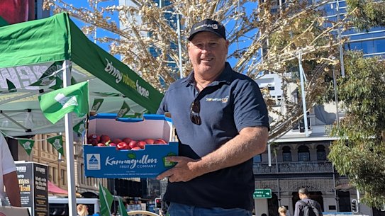 Perth NRM sustainable agriculture manager David Broadhurst, G&A Padula and son orchardist Mick Padula, Stonefruit WA chair Anthony Caccetta and Karragullen orchardist Danny Di Marco promoting WA Stonefruit in Yagan Square, November 27, 2024