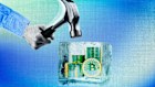 A graphic depicting the difficulties of accessing crypto from a will: a hammer attempting to break a block of ice with Bitcoin inside.