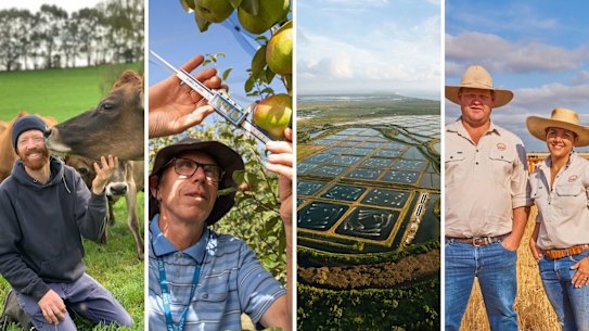 Luke Wallace says farming is “still hard yakka”, but new tech comes in handy; researcher Ian Goodwin; the ponds at Pacific Reef Fisheries; Andrew and Jocie Bate of SwarmFarm Robotics. 
