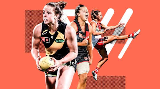 AFLW players Gabrielle Seymour (Richmond), Madison Prespakis (Essendon) and Chloe Molly (Sydney).
