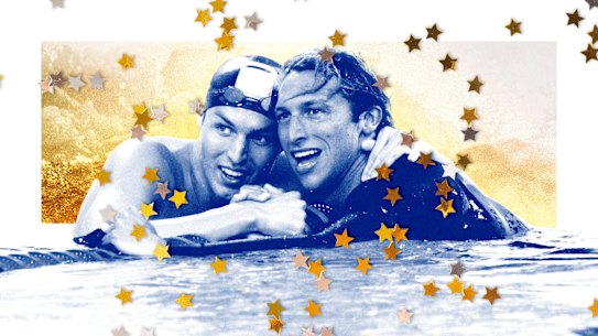 Pieter van den Hoogenband and Ian Thorpe after the 2004 200m freestyle final in Athens.