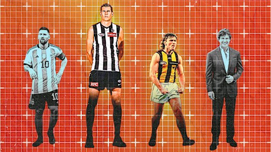 The tall and short of it (from left): Soccer star Lionel Messi, Collingwood’s Mason Cox, Hawthorn’s Nick Watson, and Hollywood star Tom Cruise.