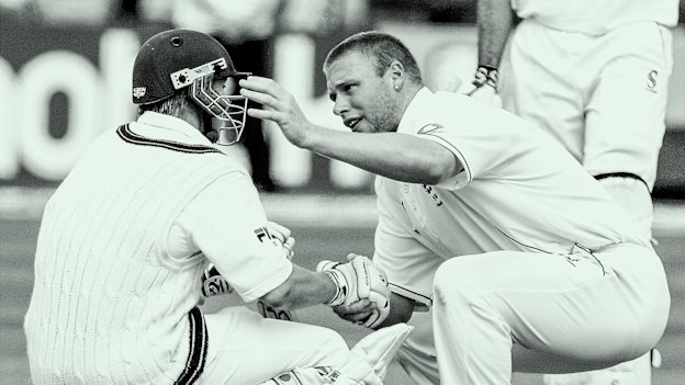 Andrew Flintoff consoles Brett Lee after Australia's loss to England at Edgbaston in 2005.