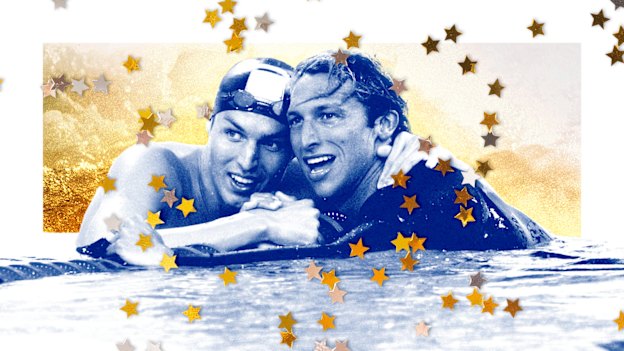 Pieter van den Hoogenband and Ian Thorpe after the 2004 200m freestyle final in Athens.